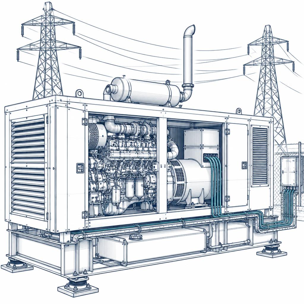 Conceptual CAD-style illustration of a diesel generator with electricity grid towers
