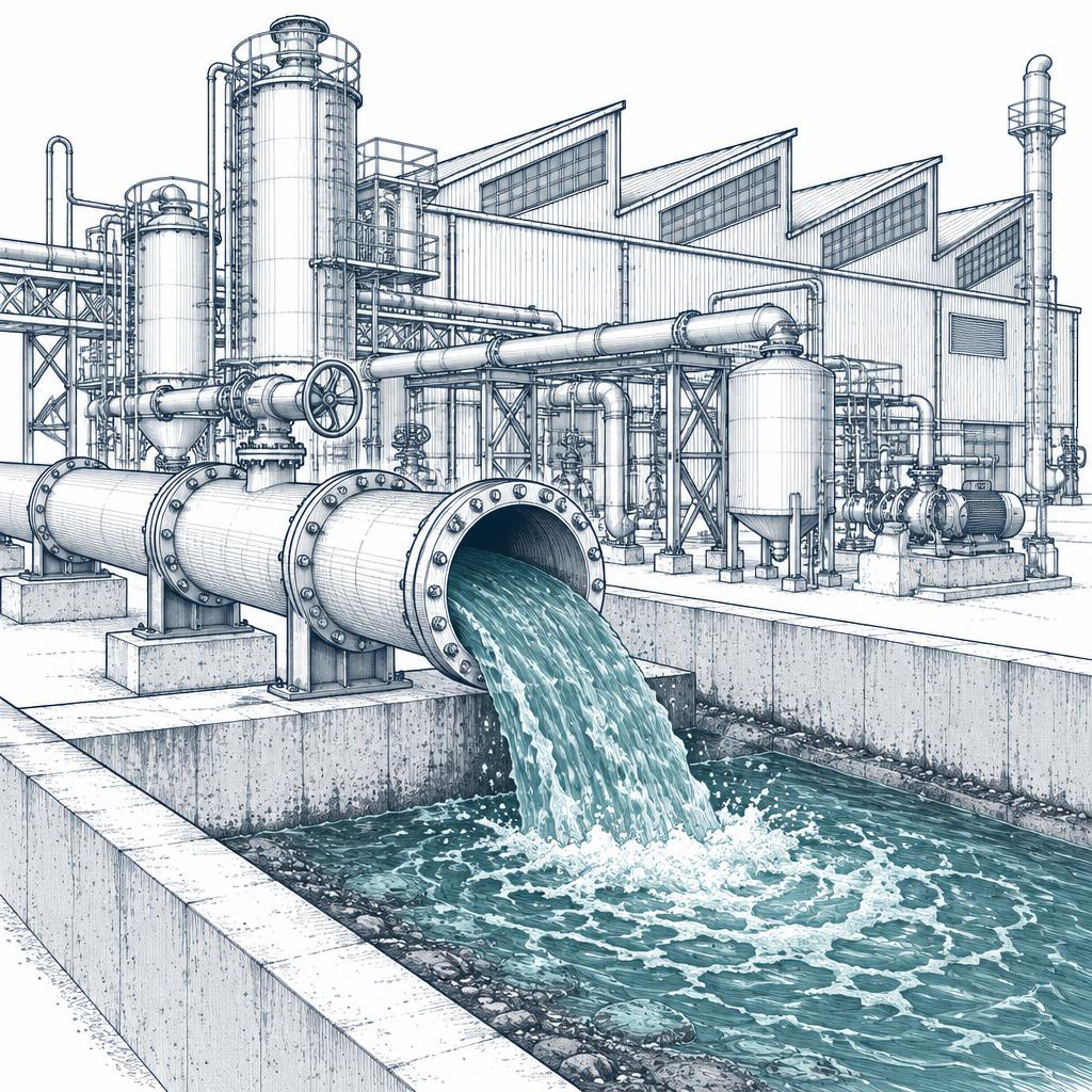 Conceptual CAD-style illustration of industrial effluent discharge into an open channel
