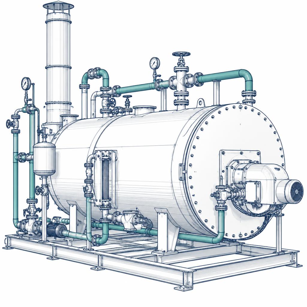 Conceptual CAD-style illustration of a fuel-fired industrial hot-water boiler with exhaust stack and pipework