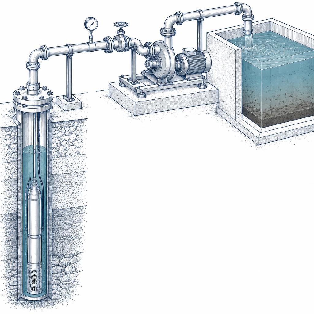 Conceptual CAD-style illustration of a contaminated borewell, raw-water pump and piping