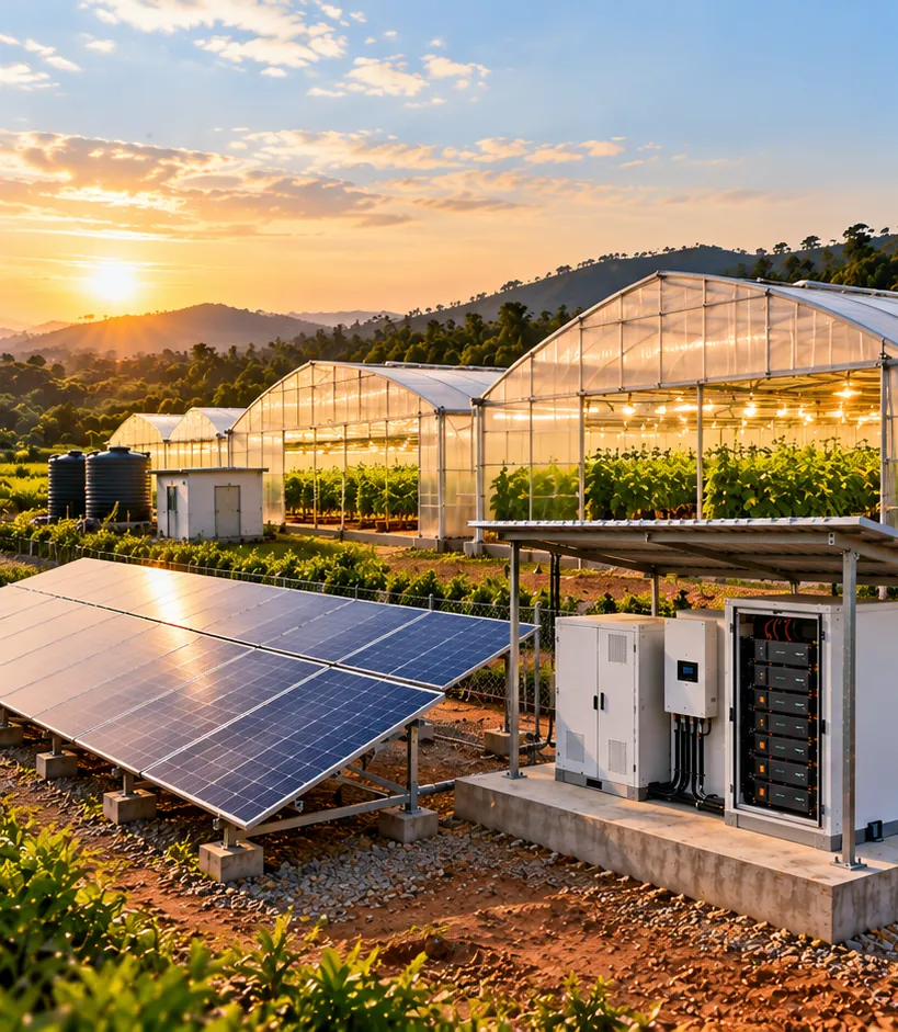 Solar array and battery cabinet powering greenhouses at sunrise