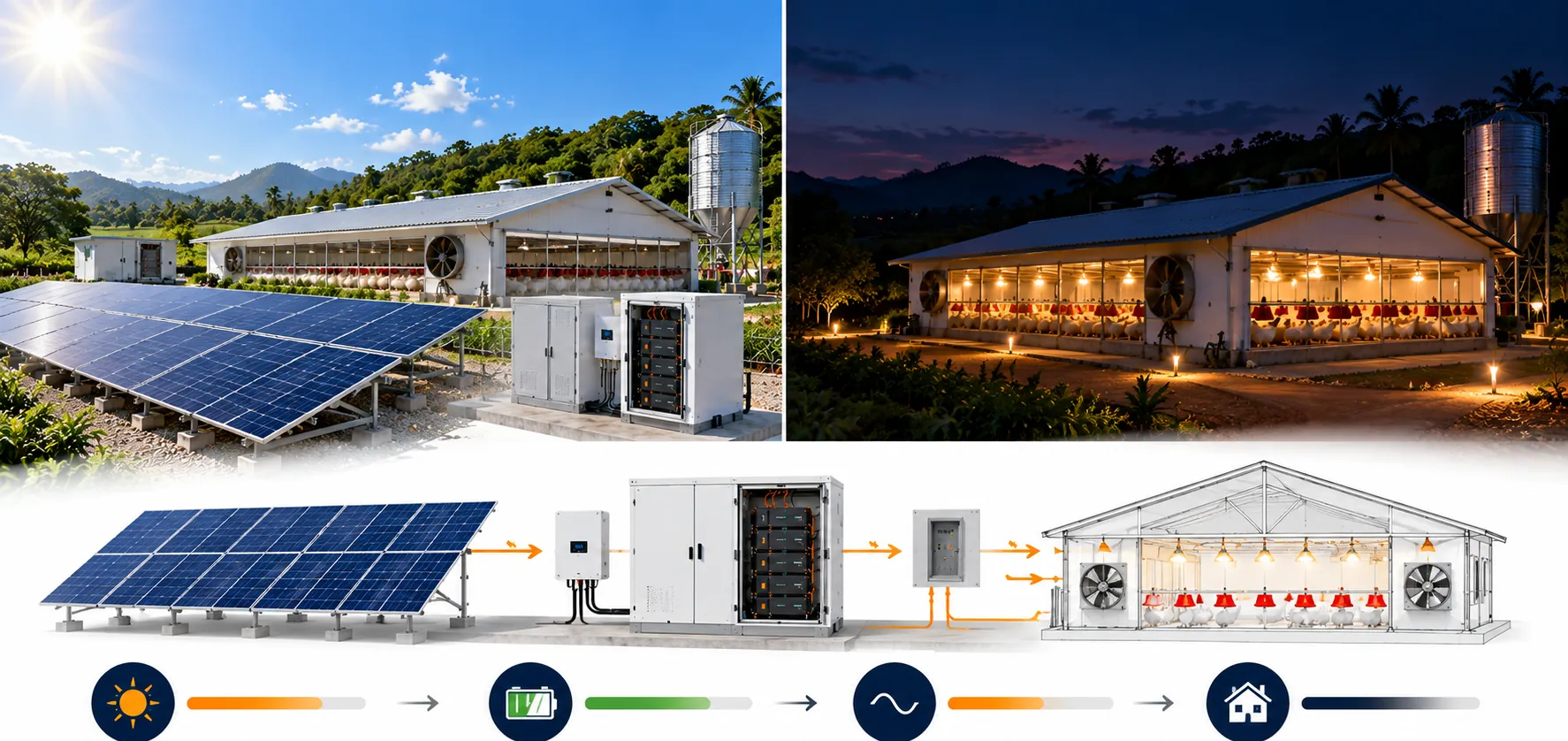 The same farm by day and by night, with the solar, battery and inverter energy flow