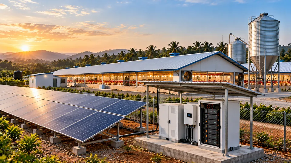 Solar array and battery cabinet beside an industrial shed with silos