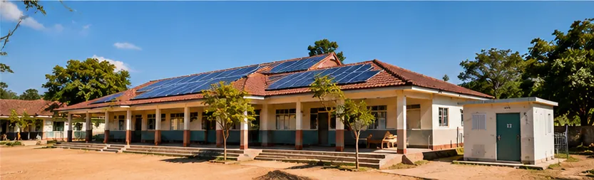 Rural school building with solar panels on the roof