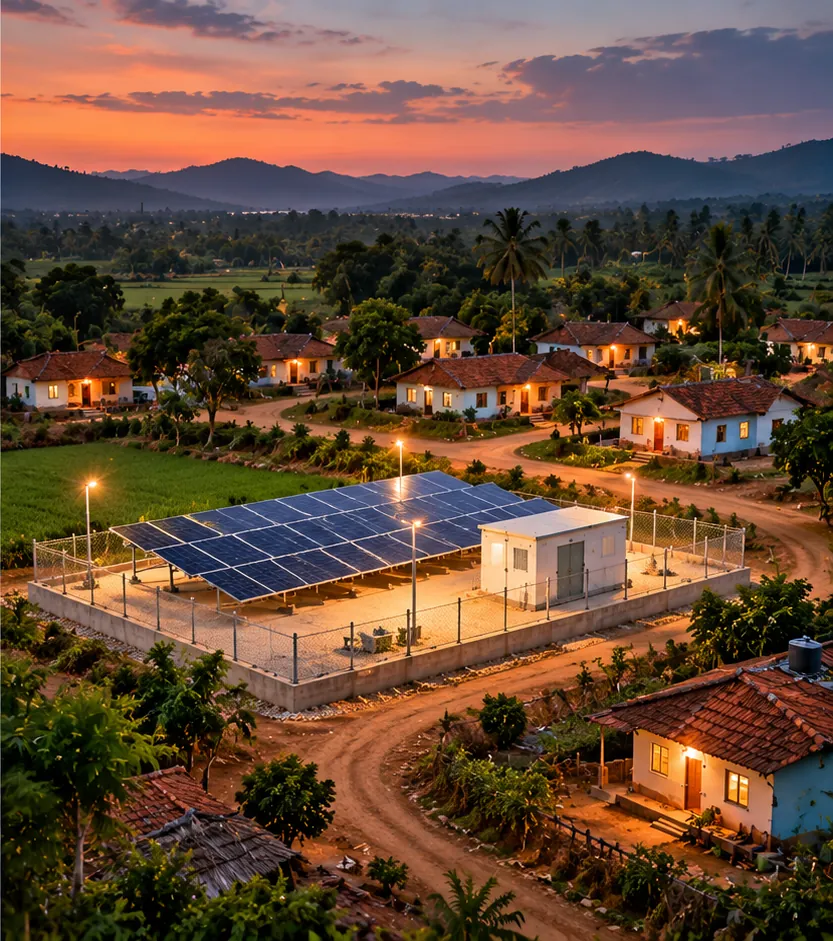 A fenced solar array and control room powering a rural settlement at dusk