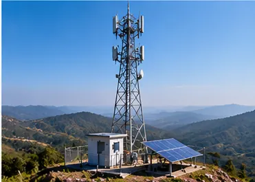 Hilltop telecom tower with a small solar array and equipment shelter