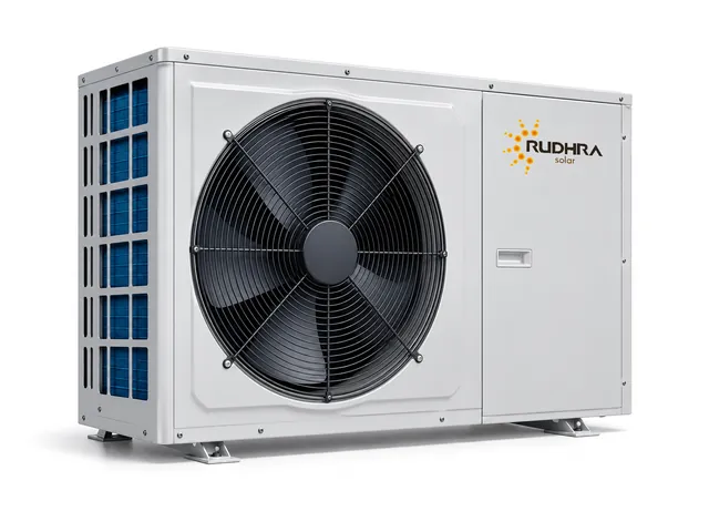 Rudhra Solar domestic air-source heat pump with a front fan and side service panel