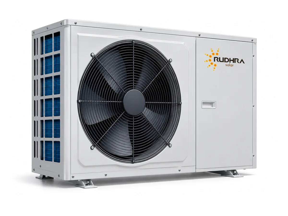 Rudhra Solar domestic air-source heat pump with a front fan and side service panel