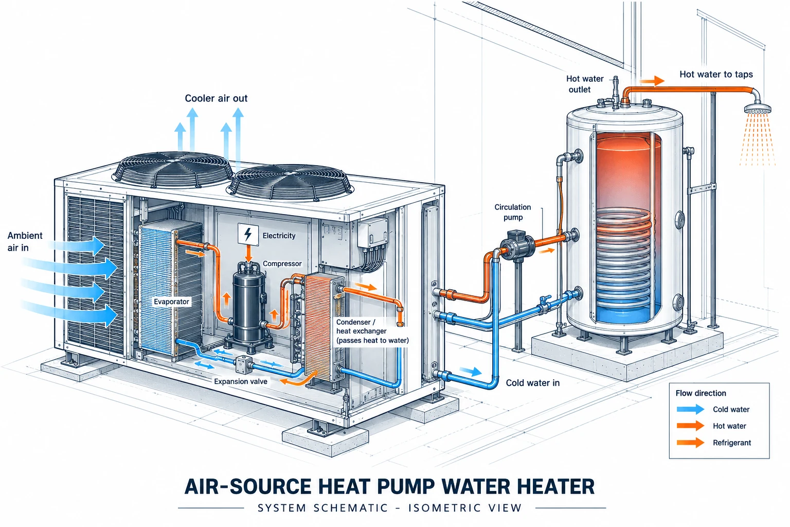 Diagram of an air-source heat pump water heater: fans draw ambient air through the evaporator, the compressor raises the refrigerant temperature, the condenser passes heat to water, and a circulation pump moves hot water to an insulated storage tank that supplies the taps