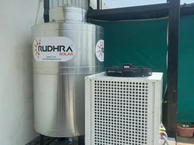 Rudhra Solar vertical stainless tank with a commercial heat pump