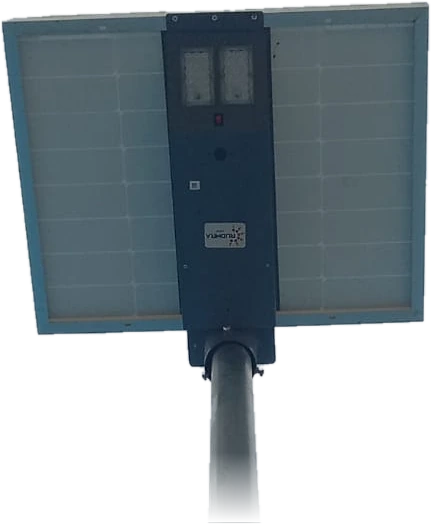 Rudhra Solar all-in-one solar street light: solar panel, LED fixture and the top of the pole