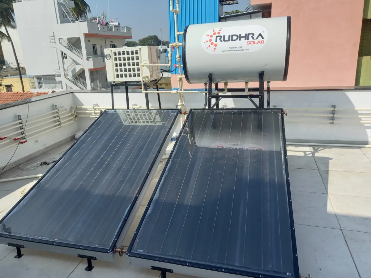 Rudhra Solar water heater with two flat plate collectors on a residential terrace