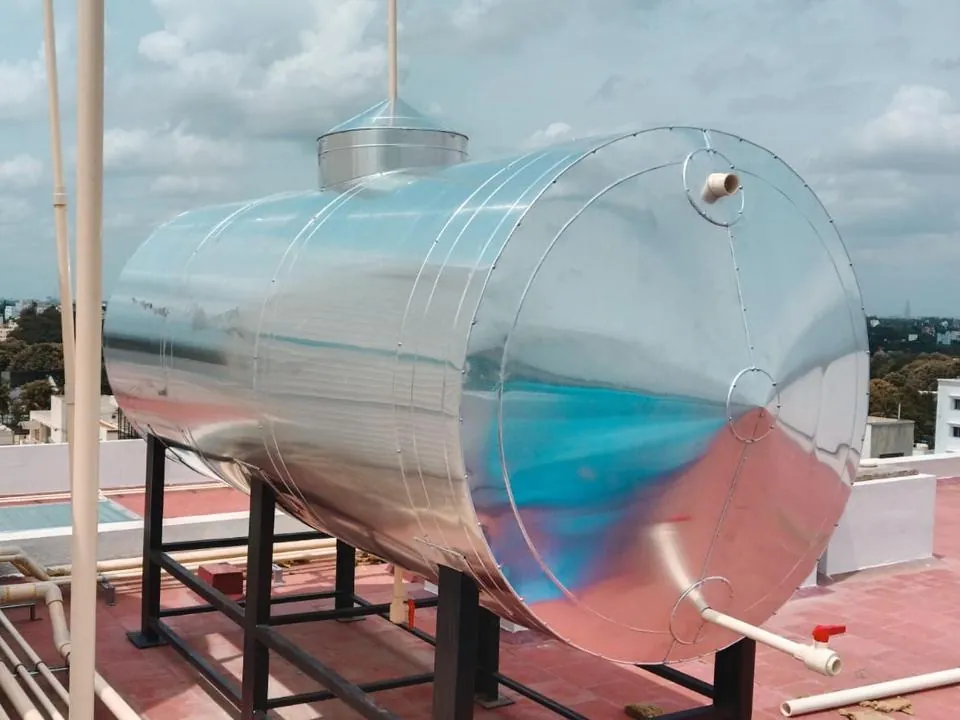 Rudhra Solar large horizontal storage tank on a steel stand