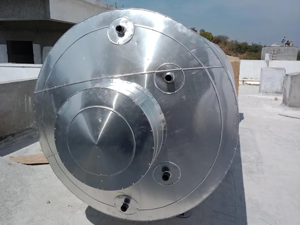 End view of a Rudhra Solar commercial storage tank with its connection ports