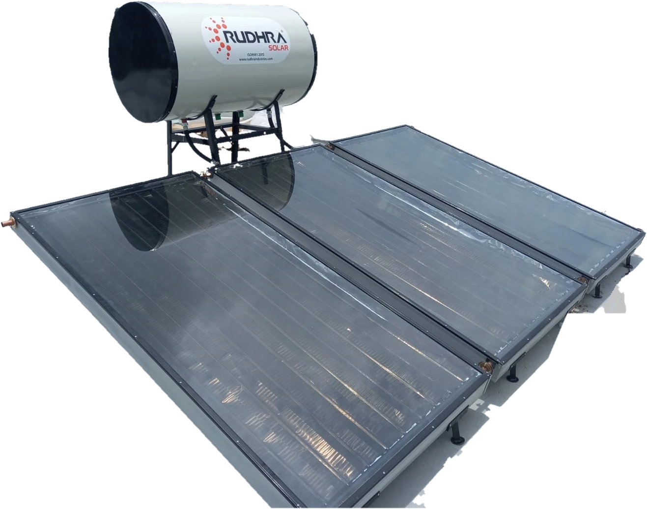 Rudhra Solar flat plate collector water heater: three collector panels and a horizontal storage tank
