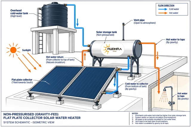 Diagram of a non-pressurised solar water heater: cold water flows by gravity from an overhead tank into the solar storage tank, circulates naturally through the flat plate collector, and hot water reaches the taps by gravity; the tank has an open vent pipe